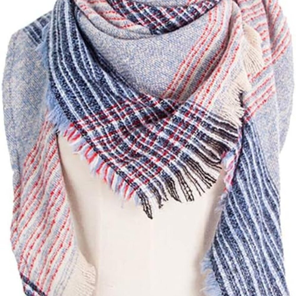 Womens Woolen Triangle Shawl Winter Scarf Plaid Stripe Fichu Large Warm - Picture 3 of 3